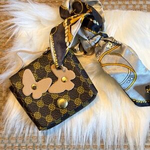 Brown Floral Pattern Key Chain/Bag Charm with Pink Butterfly Accents